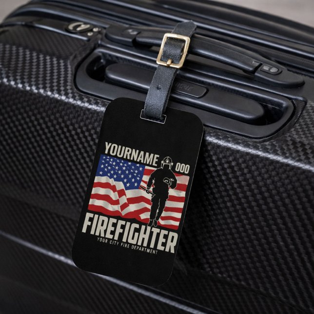 Personalised Firefighter Rescue USA Flag Patriotic Luggage Tag (Creator Uploaded)