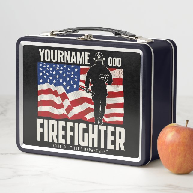 Personalised Firefighter Rescue USA Flag Patriotic Metal Lunch Box (In Situ)
