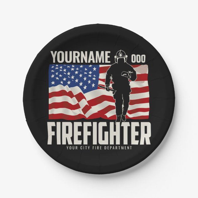 Personalised Firefighter Rescue USA Flag Patriotic Paper Plate (Front)