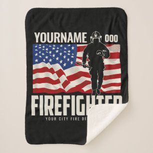 Personalised Firefighter Rescue USA Flag Patriotic Sherpa Blanket