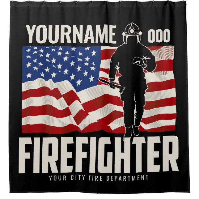 Personalised Firefighter Rescue USA Flag Patriotic Shower Curtain (Front)