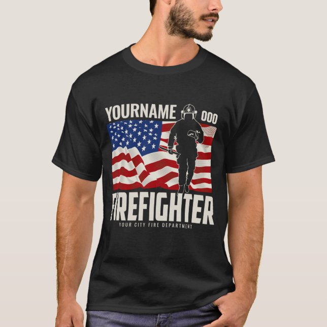 Personalised Firefighter Rescue USA Flag Patriotic T-Shirt (Front)