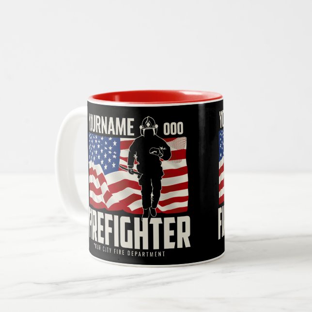 Personalised Firefighter Rescue USA Flag Patriotic Two-Tone Coffee Mug (Front Left)