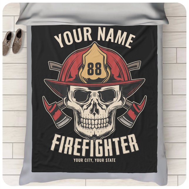 Personalised Firefighter Skull Fireman Fire Dept  Fleece Blanket (Creator Uploaded)