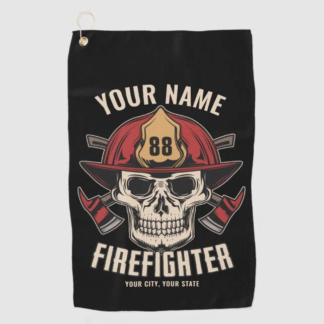 Personalised Firefighter Skull Fireman Fire Dept Golf Towel (Front)