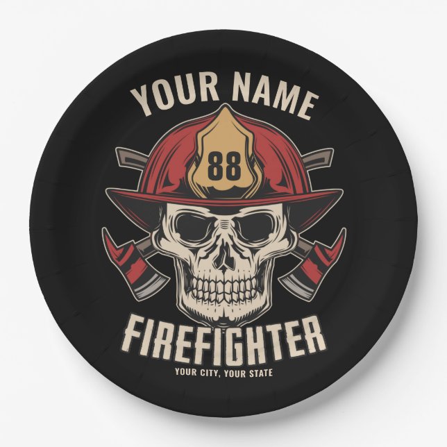 Personalised Firefighter Skull Fireman Fire Dept  Paper Plate (Front)