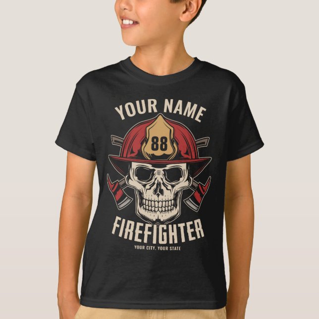 Personalised Firefighter Skull Fireman Fire Dept  T-Shirt (Front)
