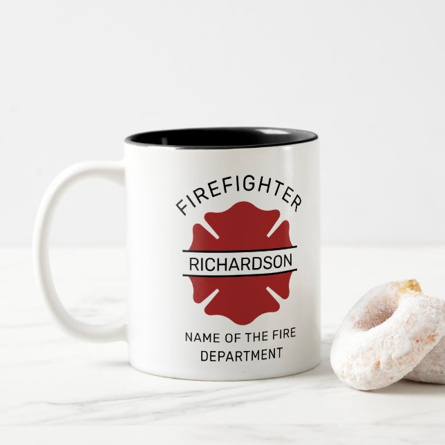 Personalised Firefighter Symbol Fire Department Two-Tone Coffee Mug (With Donut)