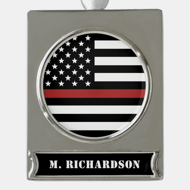 Personalised Firefighter Thin Red Line Fire Rescue Silver Plated Banner Ornament (Front)