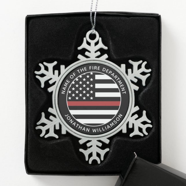 Personalised Firefighter Thin Red Line USA Flag Snowflake Pewter Christmas Ornament (Box)