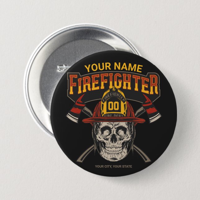 Personalised Fireman Skull Helmet Axe Firefighter  7.5 Cm Round Badge (Front & Back)
