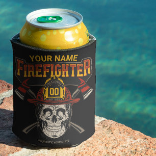 Personalised Fireman Skull Helmet Axe Firefighter  Can Cooler