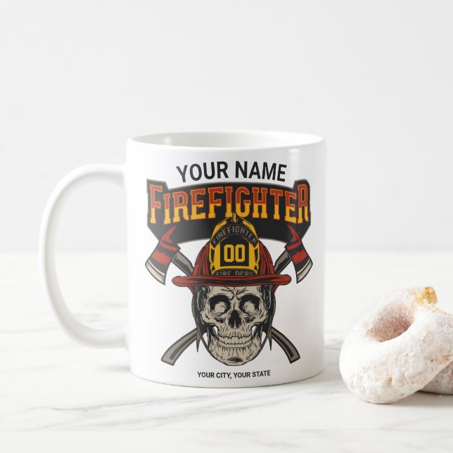 Personalised Fireman Skull Helmet Axe Firefighter  Coffee Mug (With Donut)