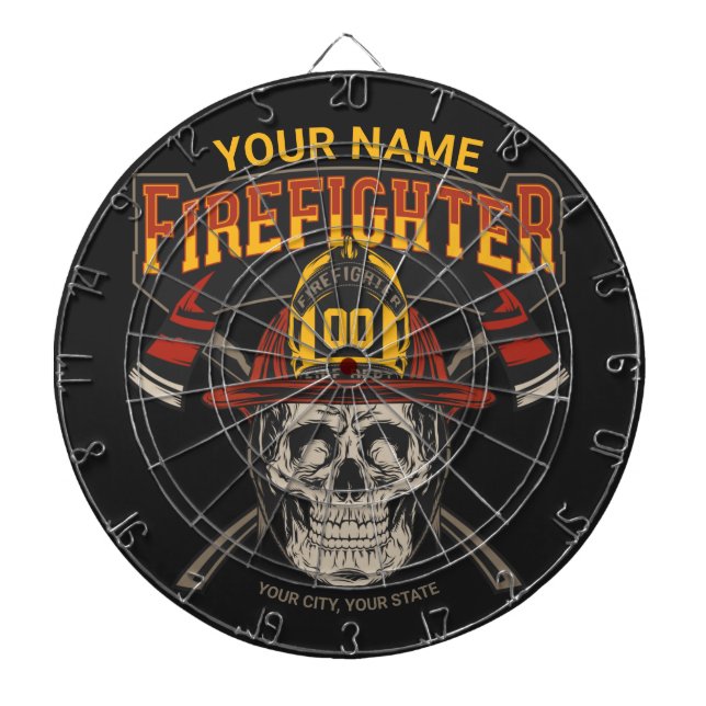 Personalised Fireman Skull Helmet Axe Firefighter  Dartboard (Front)