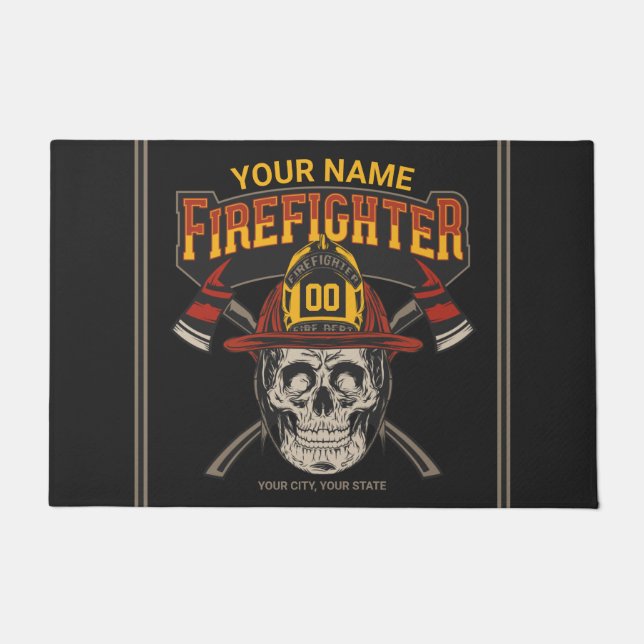 Personalised Fireman Skull Helmet Axe Firefighter  Doormat (Front)