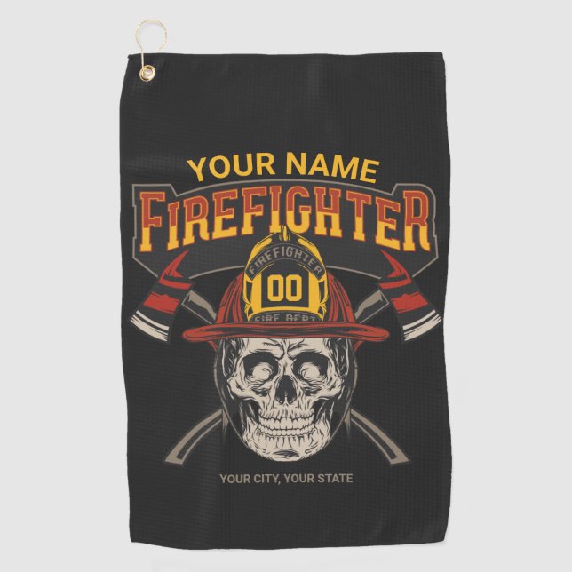 Personalised Fireman Skull Helmet Axe Firefighter  Golf Towel (Front)