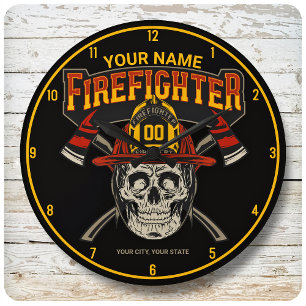 Personalised Fireman Skull Helmet Axe Firefighter Large Clock