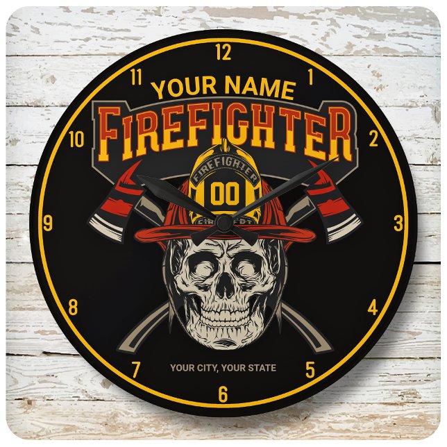 Personalised Fireman Skull Helmet Axe Firefighter Large Clock (Creator Uploaded)