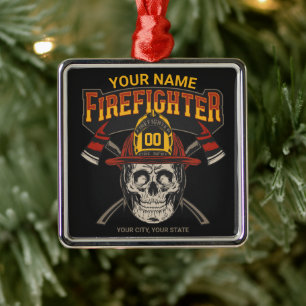Personalised Fireman Skull Helmet Axe Firefighter  Metal Tree Decoration