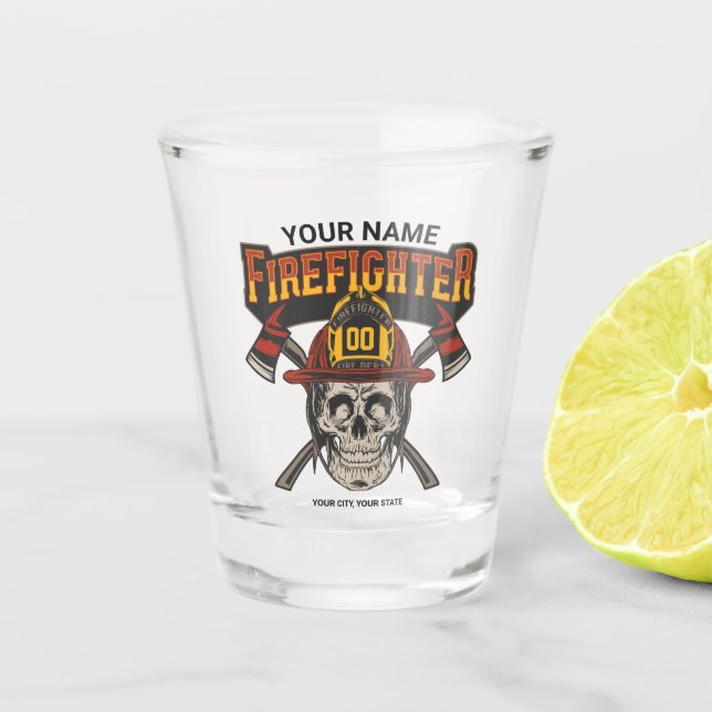 Personalised Fireman Skull Helmet Axe Firefighter  Shot Glass (Front)