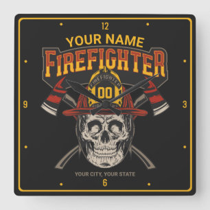 Personalised Fireman Skull Helmet Axe Firefighter  Square Wall Clock