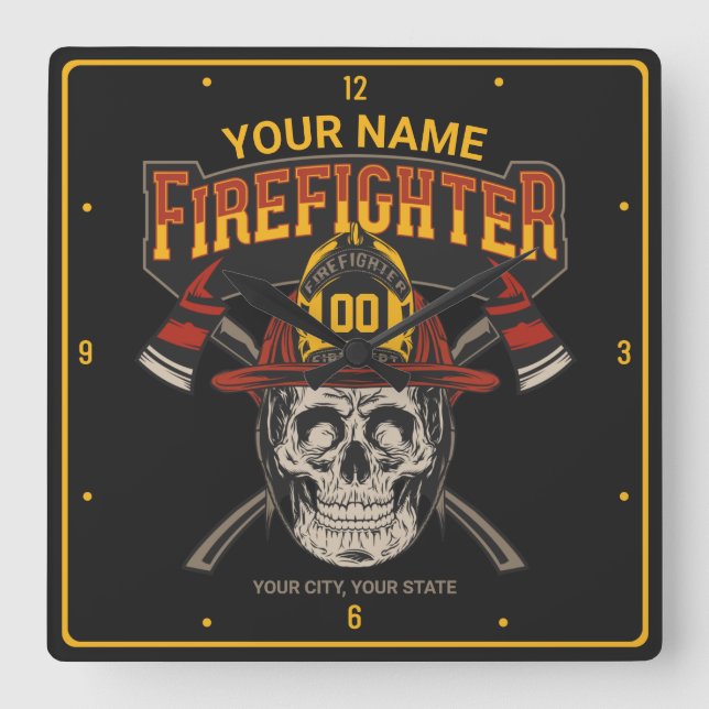 Personalised Fireman Skull Helmet Axe Firefighter  Square Wall Clock (Front)