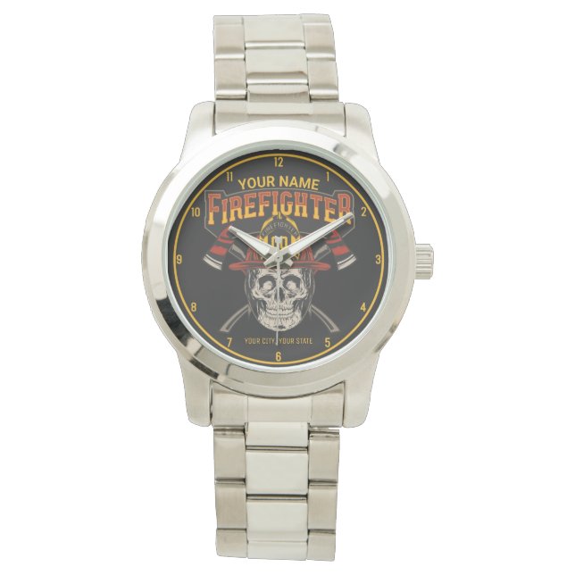 Personalised Fireman Skull Helmet Axe Firefighter  Watch (Front)