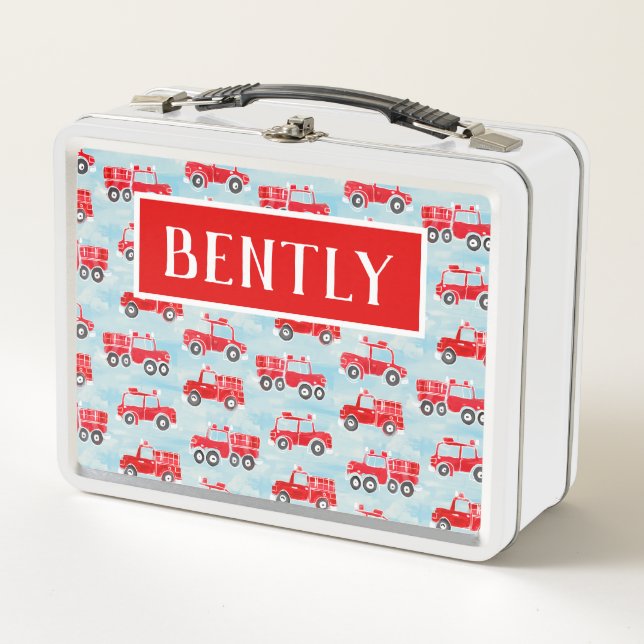Personalised firetrucks boys custom name metal lunch box (Front)