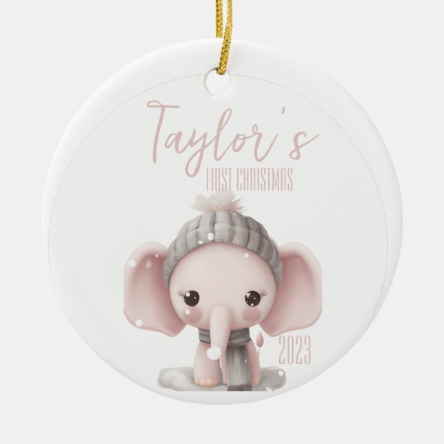 Personalised First Baby Elephant Christmas Ceramic Tree Decoration (Front)