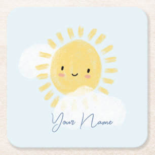Personalised First Birthday Baby Shower Sunshine Square Paper Coaster