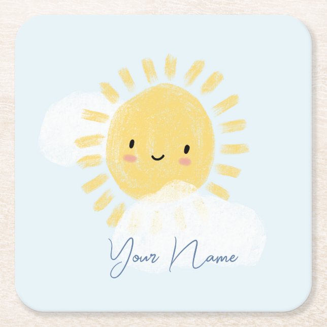 Personalised First Birthday Baby Shower Sunshine Square Paper Coaster (Front)