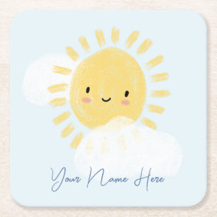 Personalised First Birthday Baby Shower Sunshine Square Paper Coaster