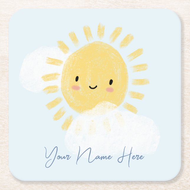 Personalised First Birthday Baby Shower Sunshine Square Paper Coaster (Front)