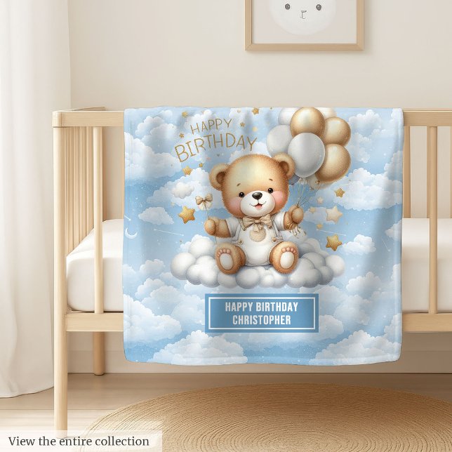 Personalised first birthday blanket with teddy  (Personalized first birthday blanket with teddy art)