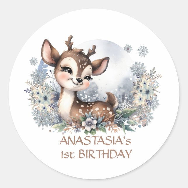 Personalised First Birthday Christmas cute deer Classic Round Sticker (Front)