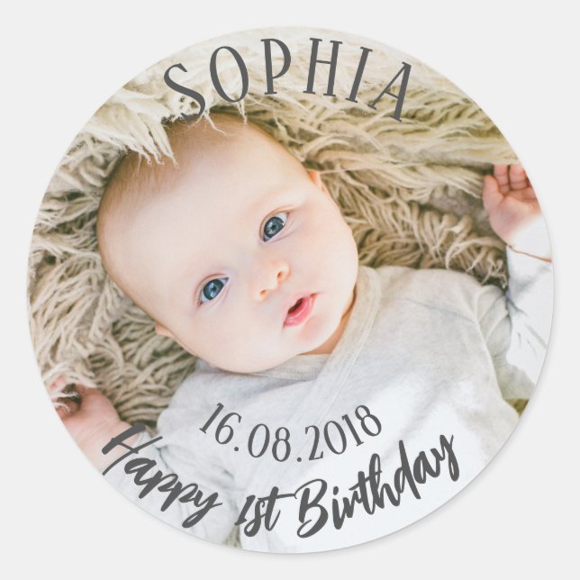 Personalised First Birthday Classic Round Sticker (Front)