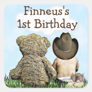 Personalised First Birthday Cowboy and Teddy Bear Square Sticker