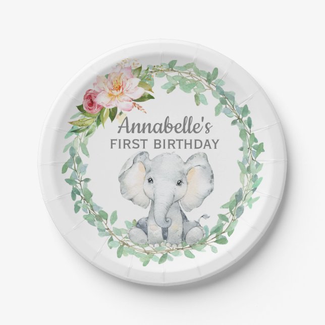 Personalised First Birthday Elephant Paper Plate (Front)