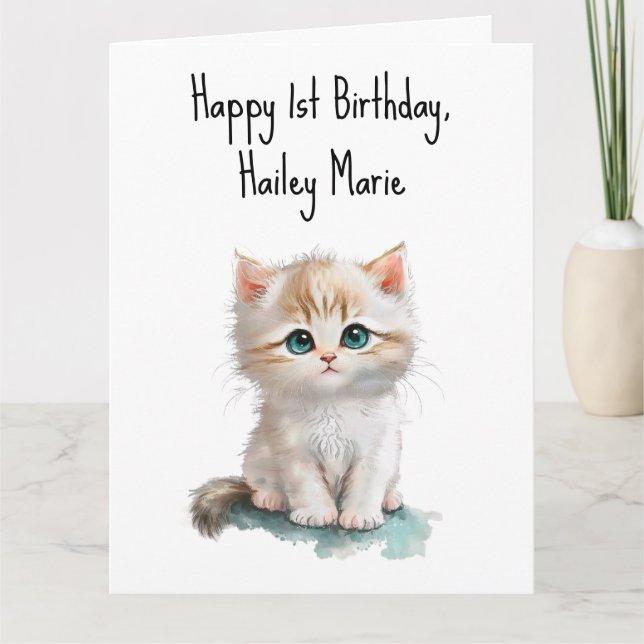 Personalised First Birthday Kitten with Blue Eyes  Card (Front)
