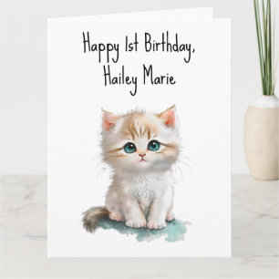 Personalised First Birthday Kitten with Blue Eyes  Card