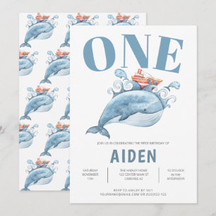 Personalised First Birthday Party Blue Whale Invitation