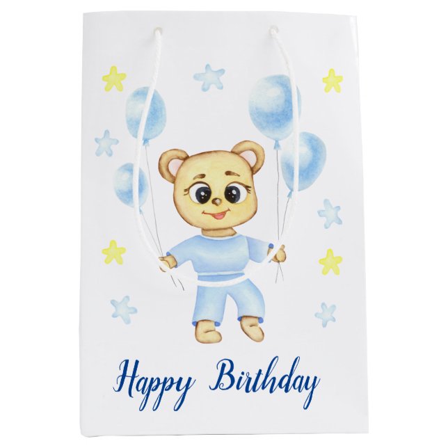 Personalised First Birthday Teddy Bear Boy  Medium Gift Bag (Front)