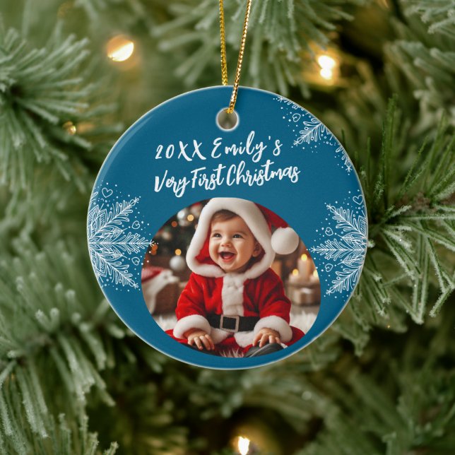 Personalised First Christmas Add Photo Snowflakes  Ceramic Tree Decoration (Tree)