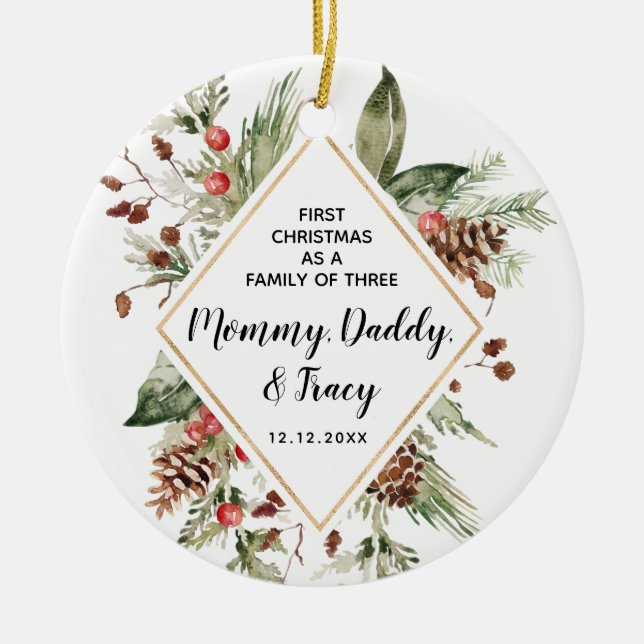 Personalised First Christmas As A Family of Three  Ceramic Tree Decoration (Front)