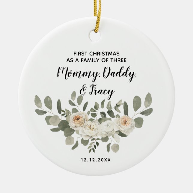 Personalised First Christmas As A Family of Three  Ceramic Tree Decoration (Front)
