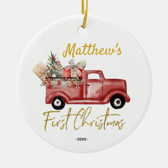 Personalised First Christmas Baby Boy Red Truck Ceramic Tree Decoration (Front)