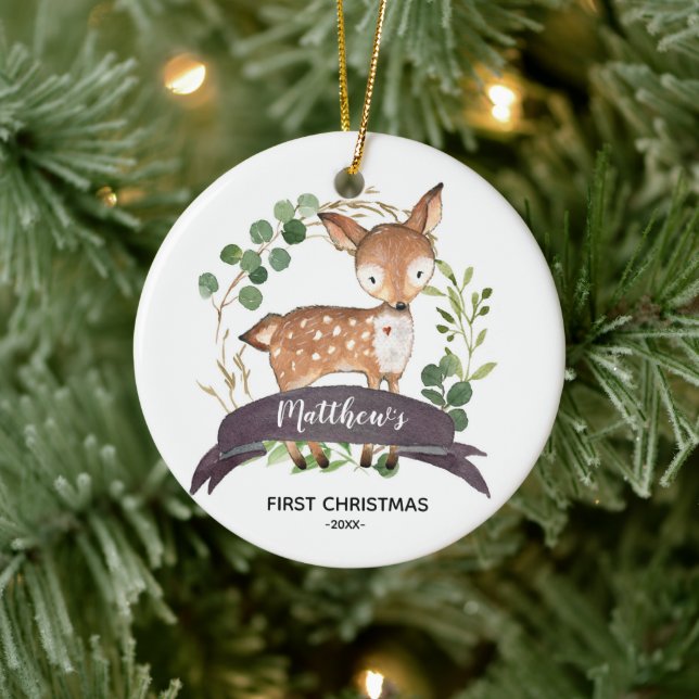 Personalised First Christmas Baby BoyWoodland Ceramic Tree Decoration (Tree)