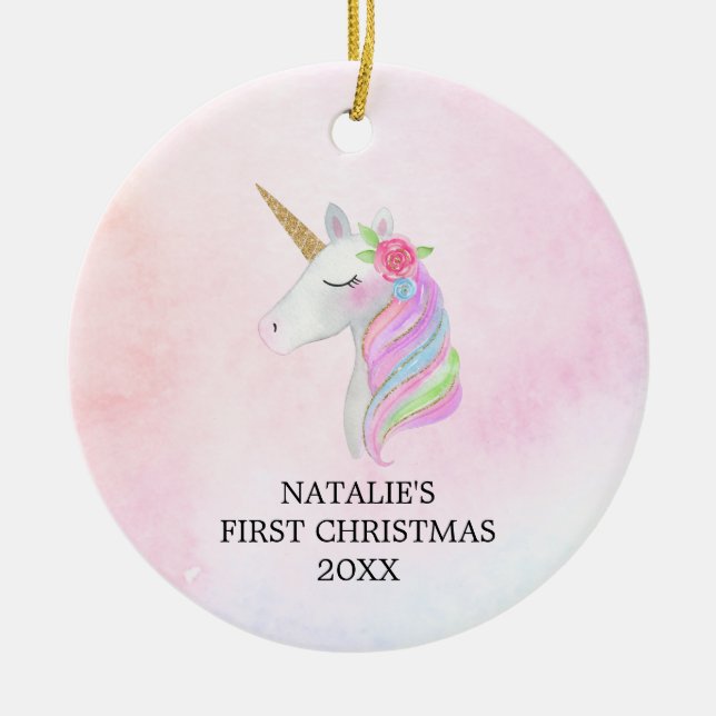 Personalised First Christmas Baby Girl Unicorn Ceramic Tree Decoration (Front)