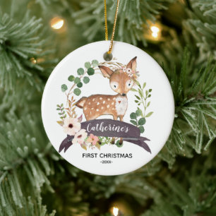Personalised First Christmas Baby Girl Woodland Ceramic Tree Decoration