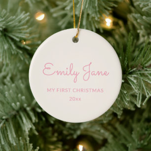 Personalised First Christmas Baby Photo Name Pink Ceramic Tree Decoration